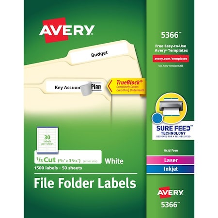 Avery File Folder Labels, TrueBlock, 1/3 Cut, 1500/BX, White PK AVE5366